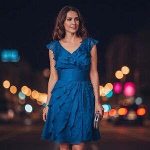 Adrianna Papell Blue Tiered Ruffle V-Neck Cocktail Dress Sleeveless Wedding Sz16